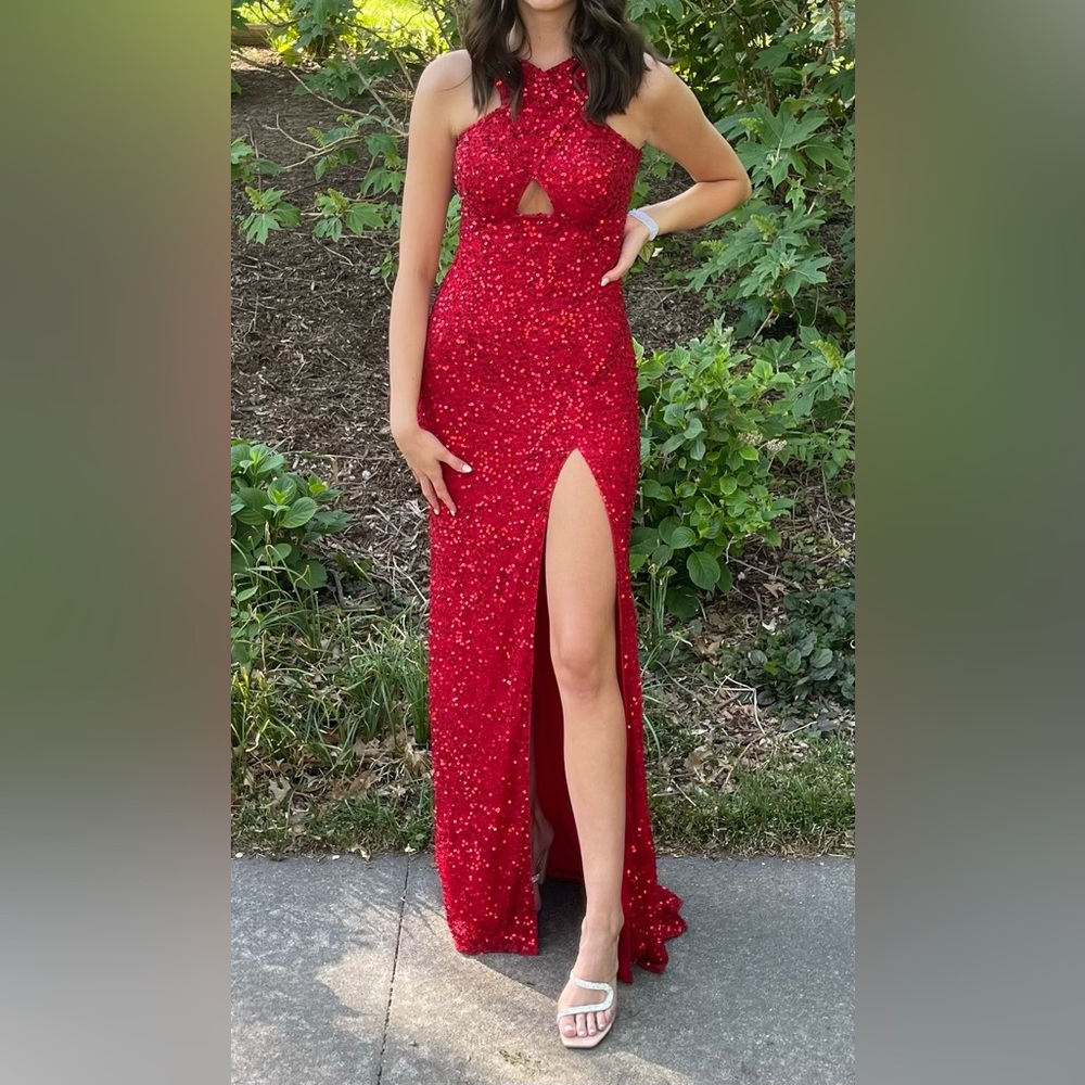 SHERRI HILL RED SEQUIN PROM DRESS